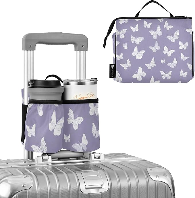 Luggage Cup Holder for Suitcases Free Hands Travel Cup Holder Portable Suitcase Cup Drink Holder Luggage Cup Caddy Bag Carrier White Butterfly