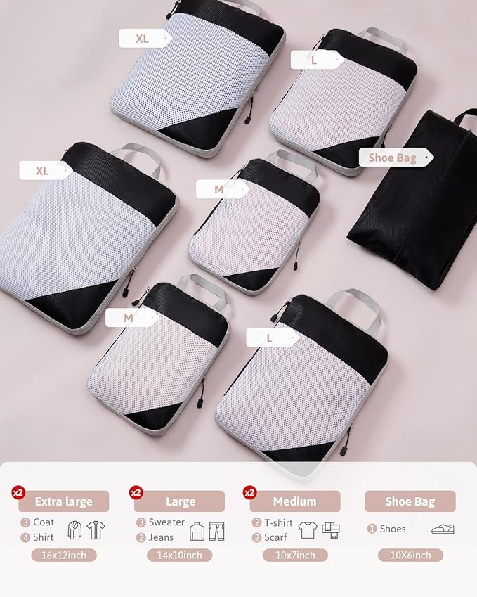 Meowoo 7 Set Compression Packing Cubes for Travel, Durable Ripstop Mesh Suitcase Organizer with Shoe Bag, Ultralight & Expandable Space Saver Travel Cubes