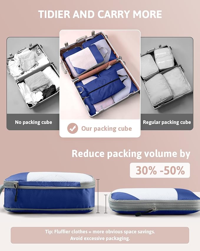 Meowoo 7 Set Compression Packing Cubes for Travel, Durable Ripstop Mesh Suitcase Organizer with Shoe Bag, Ultralight & Expandable Space Saver Travel Cubes