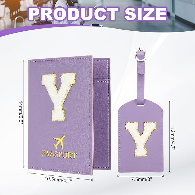 PATIKIL Passport Holder for Travel, Initial Passport Cover and Luggage Tag Set with Alphabet Chenille Letter Patch Travel Wallet Bag Suitcase Identifier for Women Family Travel Purple Y
