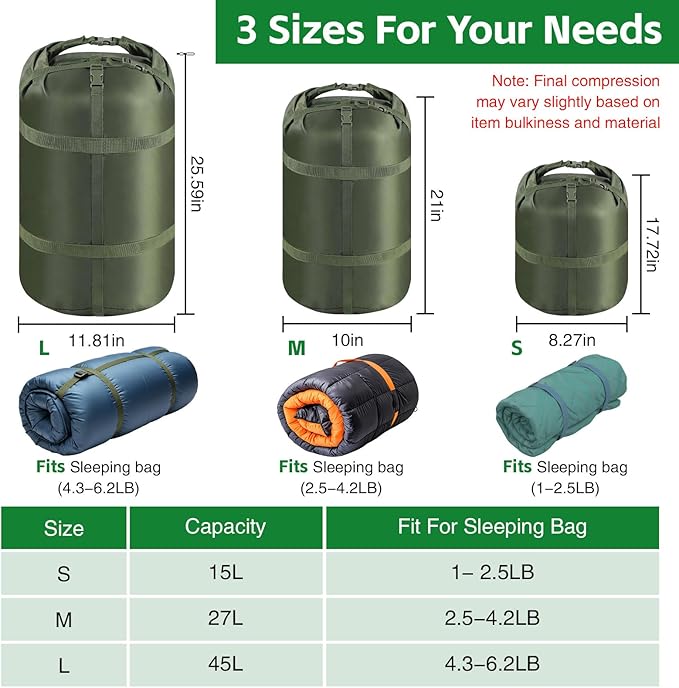Compression Stuff Sack, Ultralight Portable Sleeping Bag Compression Sack, 15L/27L/45L Sleeping Bag Stuff Sack, Space-Saving Storage Sack for Backpacking, Camping, Hiking, Travel -M