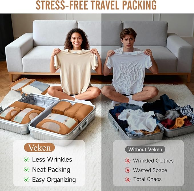 Veken 8 Set Packing Cubes for Travel Essentials, Suitcase Organizer Bags in 4 Sizes, Carry-On Luggage Accessories with Large Laundry & Hanging Toiletry Bag, Must-Have for Airplane, Road Trip & Camping