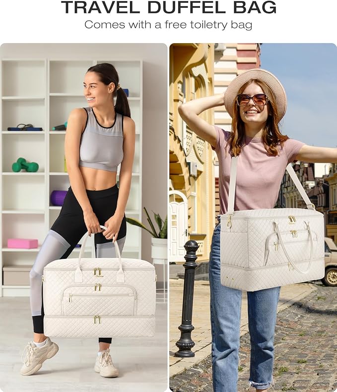 Travel Duffle Bag, Wide Open Large Weekender Bag for Women with Shoe Compartment, Carry on Overnight Bags with Toiletry Bag, Hospital Bag for Women Labor Delivery with Wet Pocket (Cream)