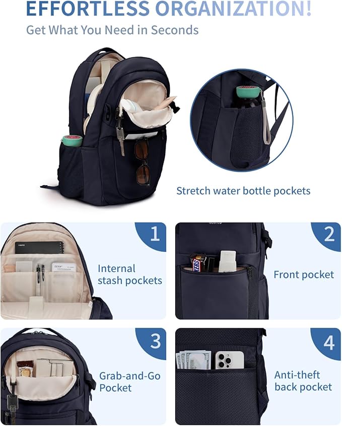 ECOHUB Travel Backpack for Women, 17.3 inch Suspended Laptop Backpack, Fashion Water-Resistant College Computer Bookbag, 28L Personal Item Bag with 12 Pockets for Causal, Work, Blue