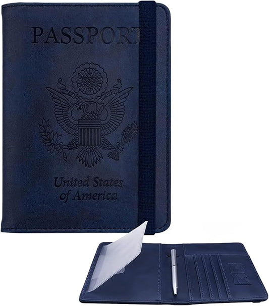WALNEW Passport Holder for Travel, RFID Passport Cover Wallet for Women Men, PU Leather Passport Book Card Holder Case with Pen (Upgraded, Upgraded-Navy Blue)