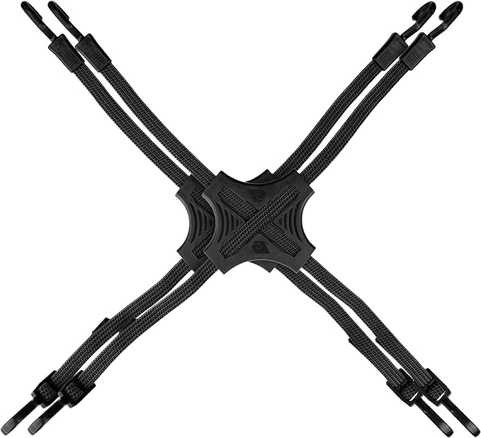 Tack Strap – 4-Way Flat Bungee Cord with Rubber Pad Grip, Non-Slip Tie Down Straps for Motorcycle, ATV, Kayak, Cycling, Camping, Truck Storage, Adjustable Bungee Cords - 2 Pack (Black)