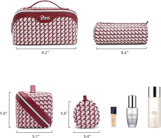 BOYATU Travel Makeup Bag Cosmetic Bags for Women: Large Capacity 3 Pcs Set Make up Bag with Compartments - Waterproof Vegan Leather Toiletry Organizer Bags with Handle (M-78Red)