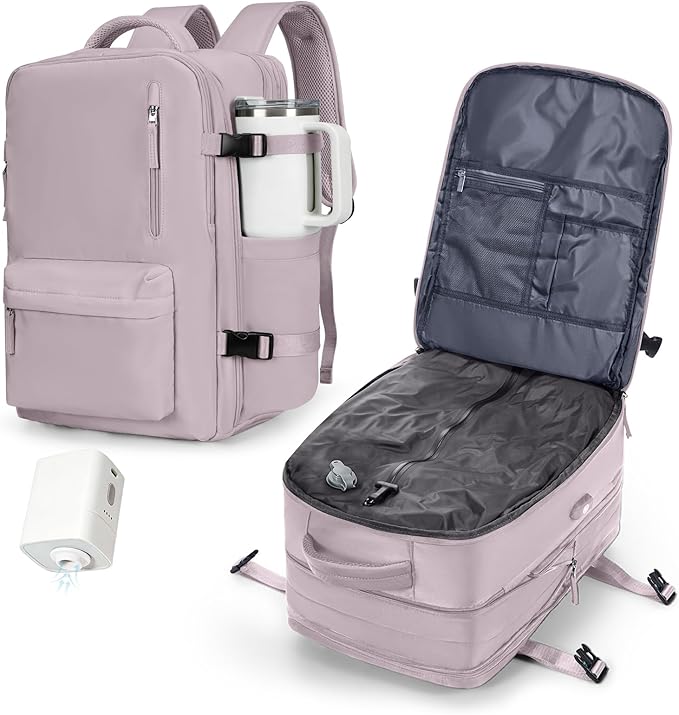 VECAVE Vacuum Backpack Travel with Pump, Expandable Personal Item Carry on Backpacks for Women Men, Laptop Waterproof Work Compression bags with USB Casual Daypack Pink