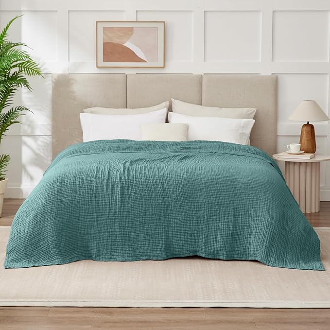 100% Cotton Muslin Blanket King 108" x 90", 6 Layers Breathable and Lightweight Cotton Throw Blanket for Bed, Soft Quilt Bedspread Coverlet, Gauze Blanket for Adults All Season, Teal
