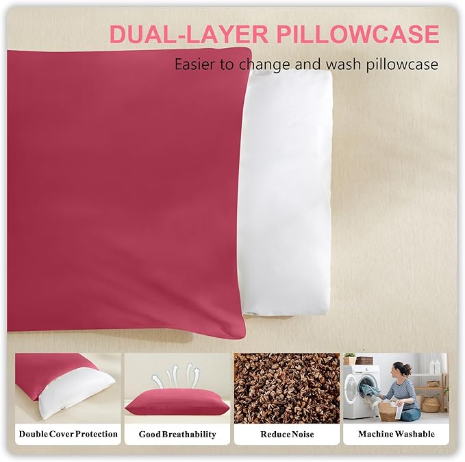 Organic Buckwheat Pillow for Sleeping with Dual-Layer Pillowcase and Extra Tartary Buckwheat Hulls, Adjust Height and Firmness, Neck Support Pillow for Back and Side Sleepers 20"x26", Burgundy