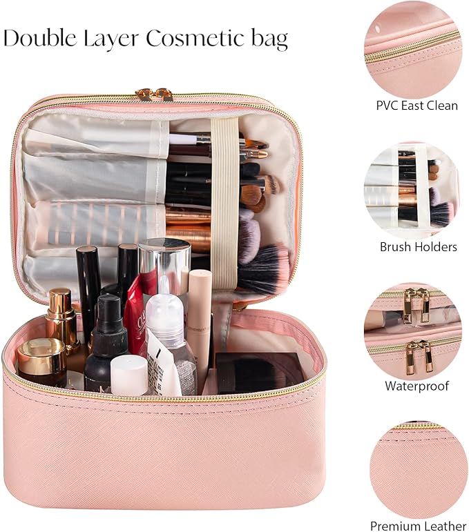 Pink Makeup Bag, Leather Double Layer Makeup Bag,Travel Accessories Toiletry Bag for Women,Travel Essentials Cosmetic Bag