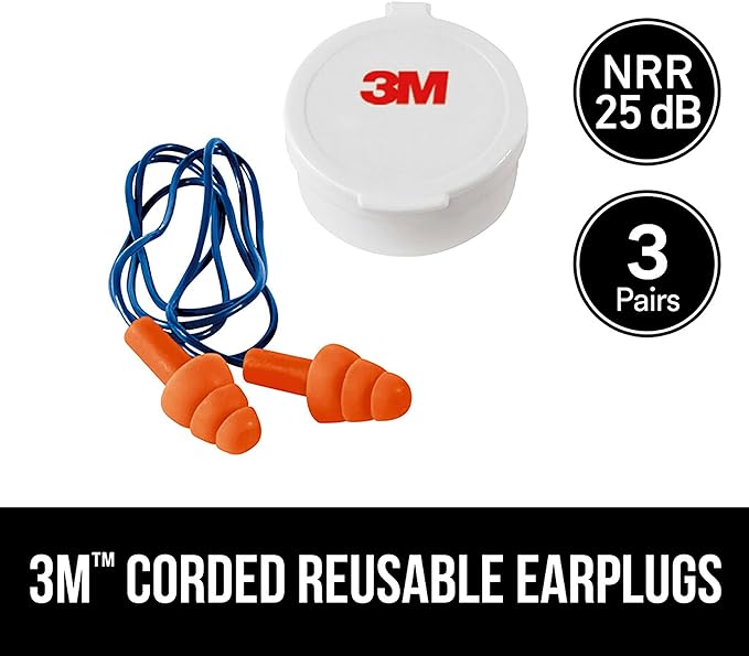 3M Corded Reusable Earplugs, 3 Pack, Noise Reduction Rating (NRR) 25 dB, Easy to Use & Insert, Pliable & Tri-Flange Design Enhances Comfort & Fit, Orange Ear Plugs (90716H3-DC), 3 Pair (Pack of 2)