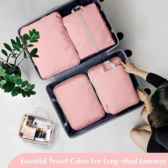 Gonex Compression Packing Cubes, 6pcs Expandable Storage Travel Luggage Bags Organizers with Shoe Bag, Clear Toiletry Bag (Pink)