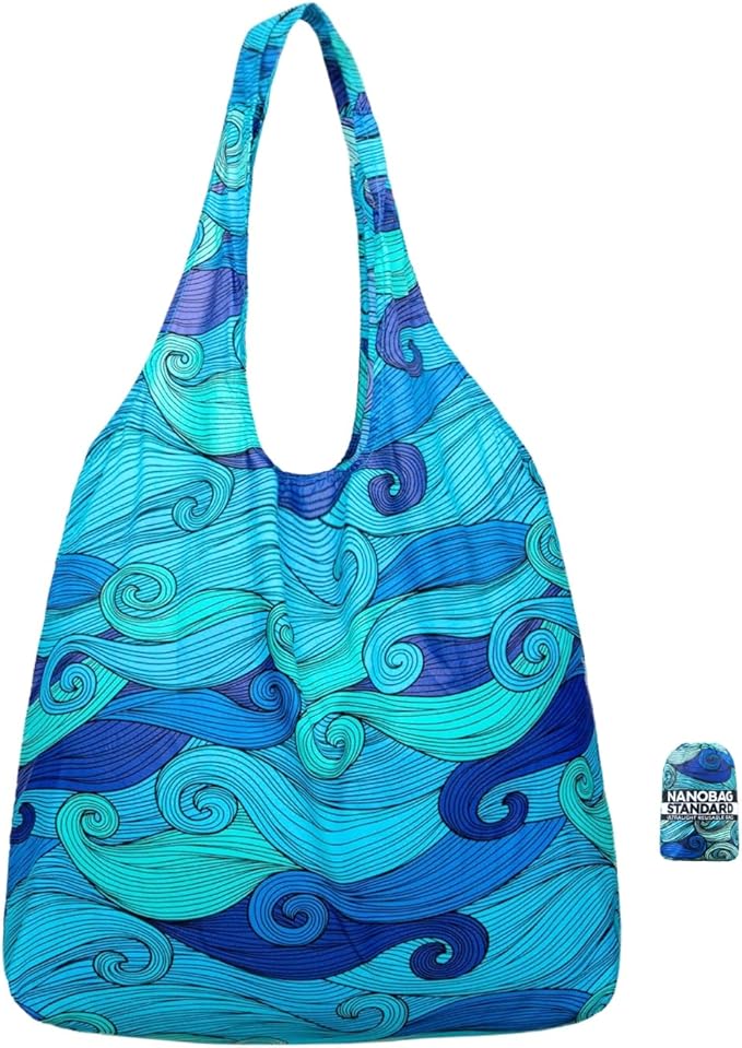 Nanobag Ultralight Foldable Tote for Women & Men, Reusable Grocery & Travel Bag, Packable Collapsible Compact Market Essential (Standard Blue Waves)