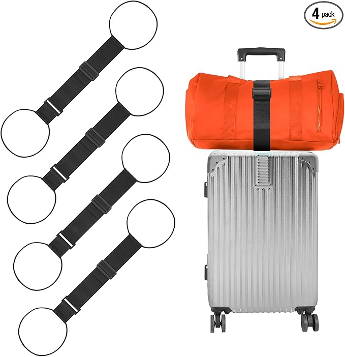 BILIONE Add a Bag Luggage Straps 4 Pack, Adjustable Bungee Elastic Belt to Connect Two Suitcases, Secure Carry On & Travel Essentials (Black)