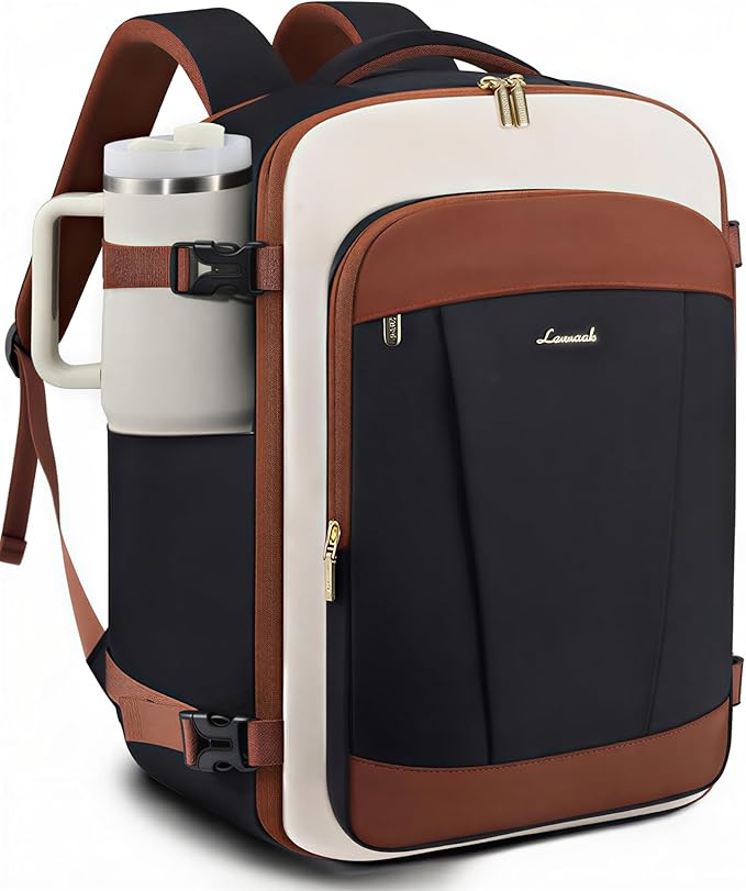LOVEVOOK 40L Travel Backpack for Women & Men, Airline Approved Carry On Backpack, TSA Personal Item Bag fits 17.3 Inch Laptop, Waterproof Weekender Overnight Bags Suitcase for Work, Black-Brown-Beige