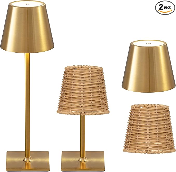 Mr. White Outdoor Waterproof Cordless Set of 2 Rechargeable Portable Top Touch Battery Operated Powered LED Table Lamp Desk Lamp Lights for Restaurant Kitchen Patio Dinner Dining (Gold 2 Pack)