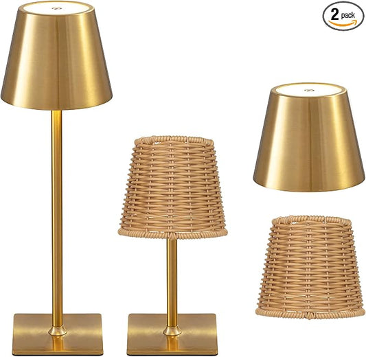 Mr. White Outdoor Waterproof Cordless Set of 2 Rechargeable Portable Top Touch Battery Operated Powered LED Table Lamp Desk Lamp Lights for Restaurant Kitchen Patio Dinner Dining (Gold 2 Pack)
