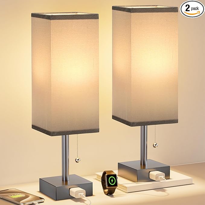 Bedside Lamp for Bedroom Set of 2 - Grey Table Lamp for Nightstand | AC Outlet, 3 Color Temperatures, LED Bulb Included, Pull Chain Design, 14" Rectangular Desk Lamp for Dorm/Office, 2-Pack