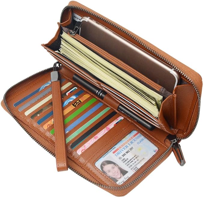 Bveyzi Women RFID Blocking Wallet Leather Zip Around Phone Clutch Large Capacity Ladies Travel Purse Wristlet | RFID Blocking, Zip Around, Large Capacity