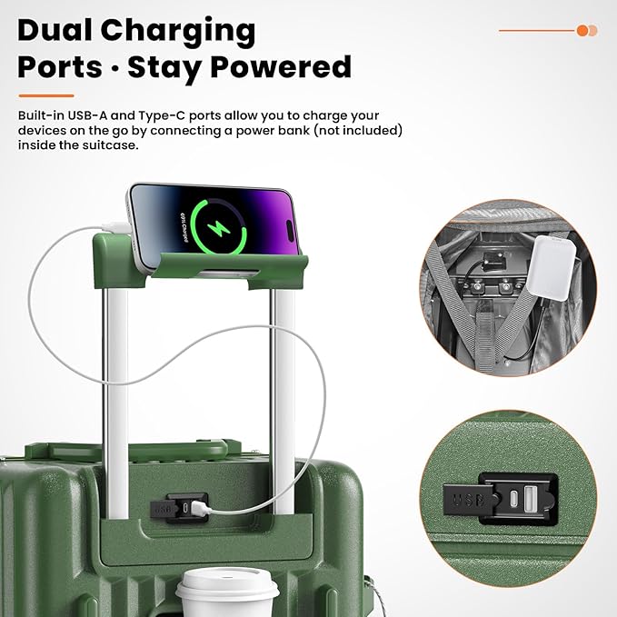 Carry on Luggage, 20 Inch Aluminum Frame PC Hardshell Suitcase with Cup Holder & Charger Port, Airline Approved Weekend Business Travel Case with Spinner Wheels, Tsa Lock