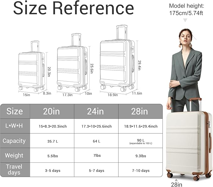 Kono 3 Piece Luggage Sets Expandable(only 28") with Spinner Wheels TSA Lock Lightweight PC+ABS Hardside Travel Rolling Suitcases 20in 24in 28in Carry on Cream White