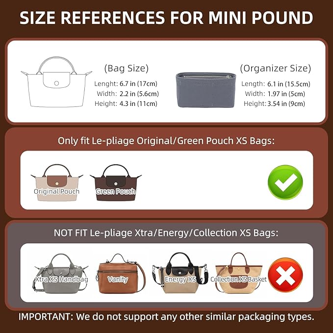 Doxo Longchamp XS Organizer Insert, Suitable for Le pliage XS and More, Keeps Tote Handbags Shaped & Neat (Grey,XS)