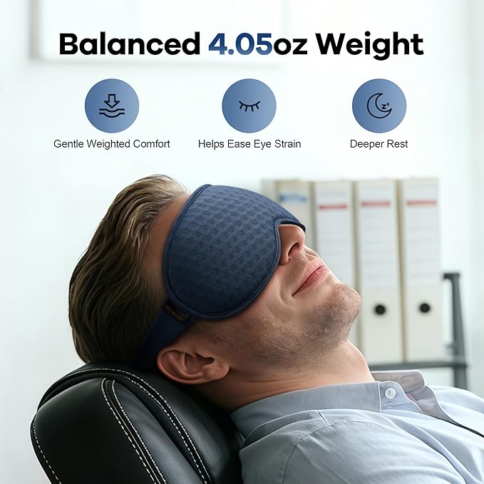 Weighted Blackout Sleep Mask for Men: 3D Contoured Zero Eye Pressure Sleep Mask for Stress Relief, Deep Sleep & Airplane Travel Essentials, Night Shift, Office Nap, Adjustable Strap, Blue