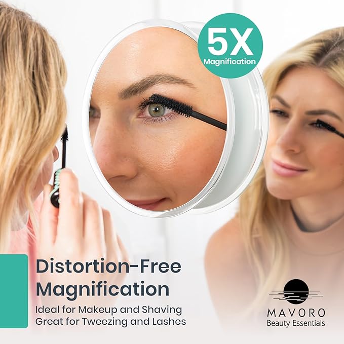 Mavoro 9'' Magnifying Mirror with 3 Strong Suction Cups | 5X Magnification | Portable Travel Makeup & Cosmetic Mirror (5X)