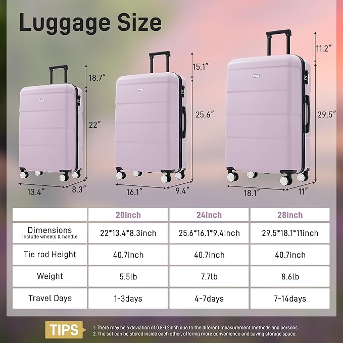 Merax Luggage Set, 3 Piece Hardcase Luggage with Double Spinner Wheels, Carry on Suitcase Airline Approved,20+24+28 inch,Pink Purple