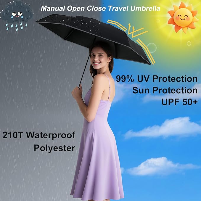 GAOYAING Mini Compact Travel Umbrella with Reflective Safety Stripes, Portable Folding Design with Case