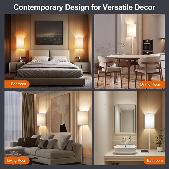 Yunaking Plug in Wall Sconces Set of Two Wall Lights with On/Off Switch | Stepless Color Temperature Wall Lamps with Fabric Linen Shade for Bedroom Living Room & Hallway- Indoor Corded Wall Decor