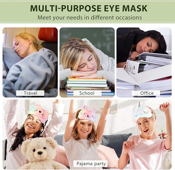 Geyoga Sleep Mask for Kids, Girls Plush Sleeping Eye Cover Soft Eye Blindfold Cover Animal Shade for Kids (Rainbow Color,Cat and Unicorn Style)