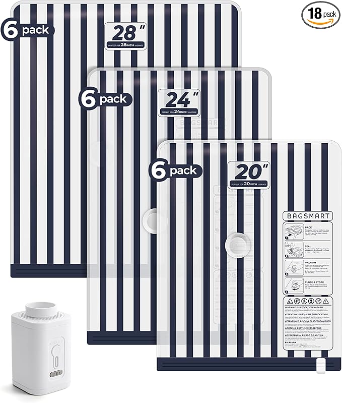 BAGSMART Travel Vacuum Seal Bags with Pump, Jumbo Vacuum Storage Bags for Clothes Blankets Comforters, Space Saver Bags for Travel, Compression Bags for Seasonal Storage-Blue Stripe