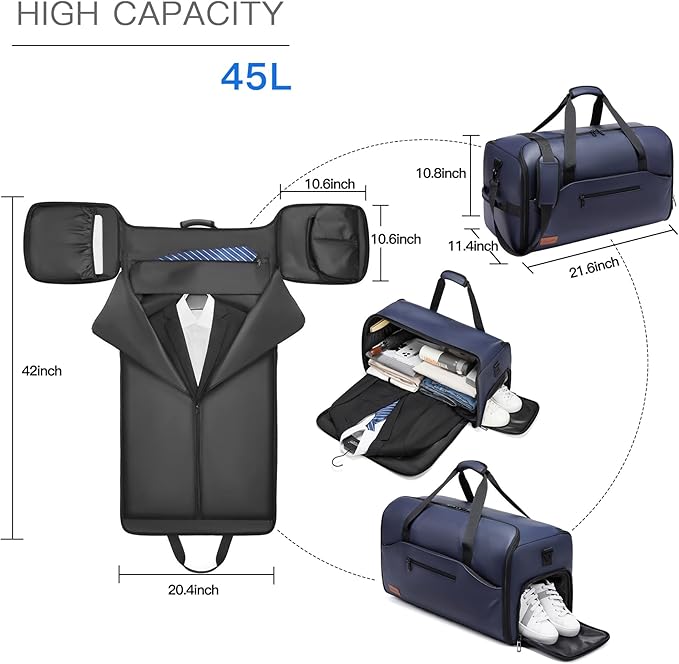 Garment Bags for Travel,45L Carry on Convertible Garment Duffle bag for Men Women - 3 in 1 Hanging Suit Travel Bag with Shoulder Strap