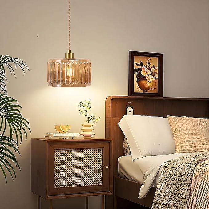 QIYIZM Plug in Pendant Light Hanging Lights with in Cord Mid Century Modern Gold Hanging Lamp Flower Glass Amber Vintage Dimmable Chandelier Ceiling Fixture for Living Room,Kitchen,Boho