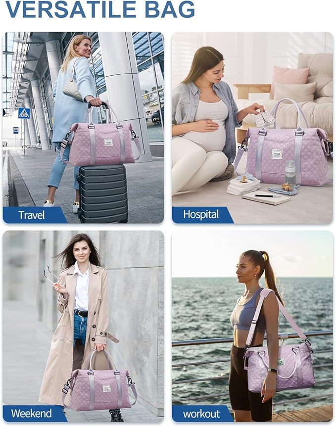 BAGAIL Travel Duffel Bag, Weekender Bags for Women, Overnight Gym Carry On Tote Bag with Wet Pocket, Hospital Mom Bag for Labor and Delivery - Grid-Purple