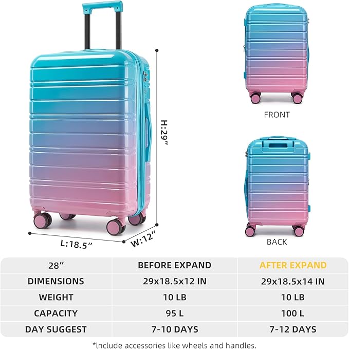 LARVENDER 28 Inch Checked Luggage with Spinner Wheels, PC+ABS Expandable Large Suitcases with Wheels, Travel Luggage sets for Women and Men, Cotton Candy