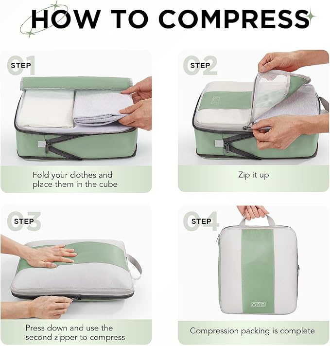 10 Set Compression Packing Cubes for Travel Essentials,Compressible Expandable Packing Cubes for Suitcase,OlarHike Luggage Organizer Bags for Travel,Handy Helper for Organizing Clothes(Matcha Green)