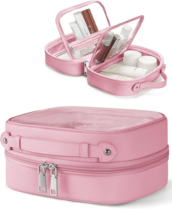 Clear Cosmetic Bag Double Layer Travel Toiletry Bag Clear Makeup Bag Case with 4 Compartments, Transparent Travel Bag for Toiletries, Large Toiletry Bag for Women Cosmetic Case (Pink, Small)