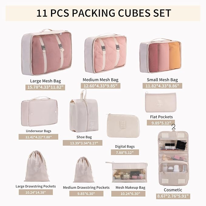11 Set Packing Cubes for Travel Essentials, Suitcase Organizer Bags for Airplane Road Trip Camp - Black