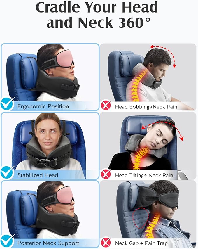 YFONG Travel Pillow for Long Flight Airplanes, Head Strap Combo with 3D Contoured Eye Mask for Sleep, Neck Pillow for Car Trip Essential, 360° Support Memory Foam Headrest, Prevent Head Bobbing, Pink