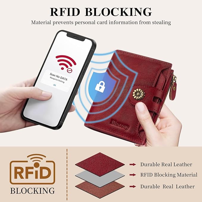 Wallet Women,RFID Blocking Real Leather Womens Wallet Bifold Compact Card Holder Small Wallet for Women with Removable ID Window Red