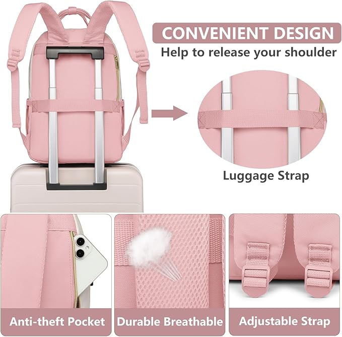 Laptop Backpack for Women Work Bag - 15.6 inch Travel Backpack Purse with USB Charger College Bookbag Waterproof Cute Casual Daypack Fashion Business Computer Backpacks for Teacher Nurse Pink Beige
