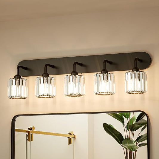 Keonjinn 5-Light Crystal Bathroom Light Fixtures Over Mirror, Black | Vanity Lighting Fixture with Square Shades, Dimmable, Modern Style, Compatible with E26 Base LED Bulbs (Blub Not Included)
