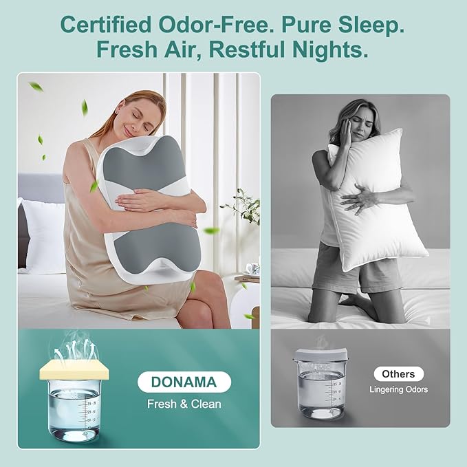 DONAMA Cervical Neck Pillow- Ergonomic Pillows for Pain Relief, Contour Memory Foam Pillow for Side/Back/Stomach Sleepers, CertiPUR-US Certified with Cooling Ice Silk Pillowcase