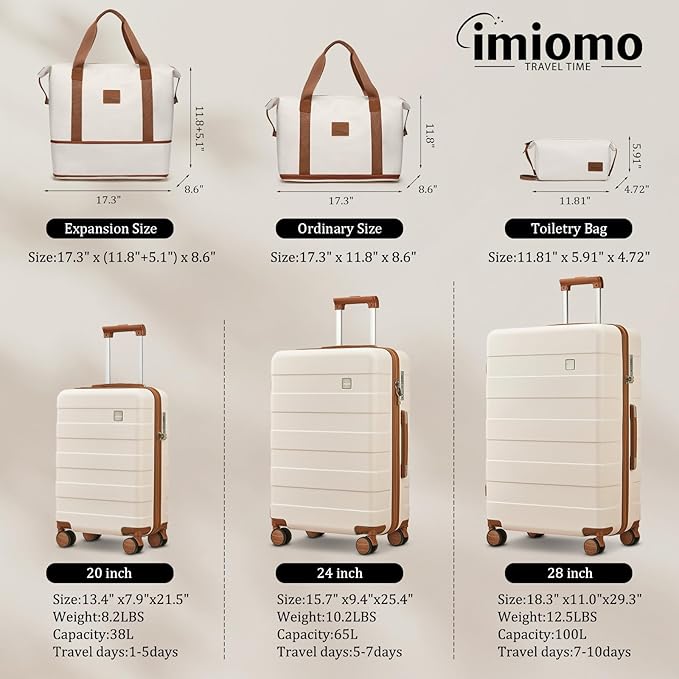 imiomo Hard Shell Luggage Sets 5 Piece for Women, Lightweight Hardside Rolling Suitcase Set with Spinner Wheels and TSA Lock, Beige