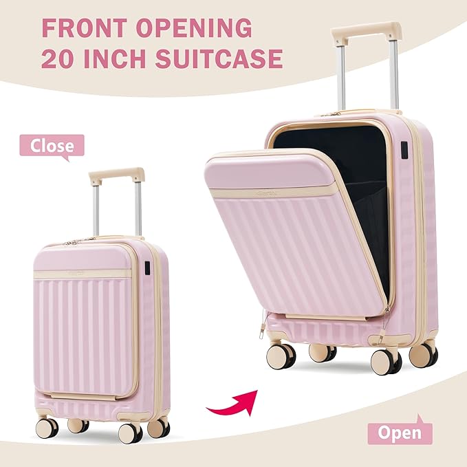 Merax Luggage Sets 2 Piece Front Opening, Hardside Lightweight Carry on Suitcase with USB Port,Durable Expandable Luggage with Bags Spinner Wheels and TSA Lock,Pink