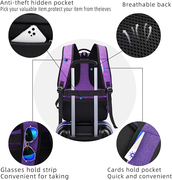 DUSLANG 17 Inch Laptop Backpack for Travel Water Resistant College Backpack for Women Laptop Bag with USB Charging Port Work Backpack,Purple