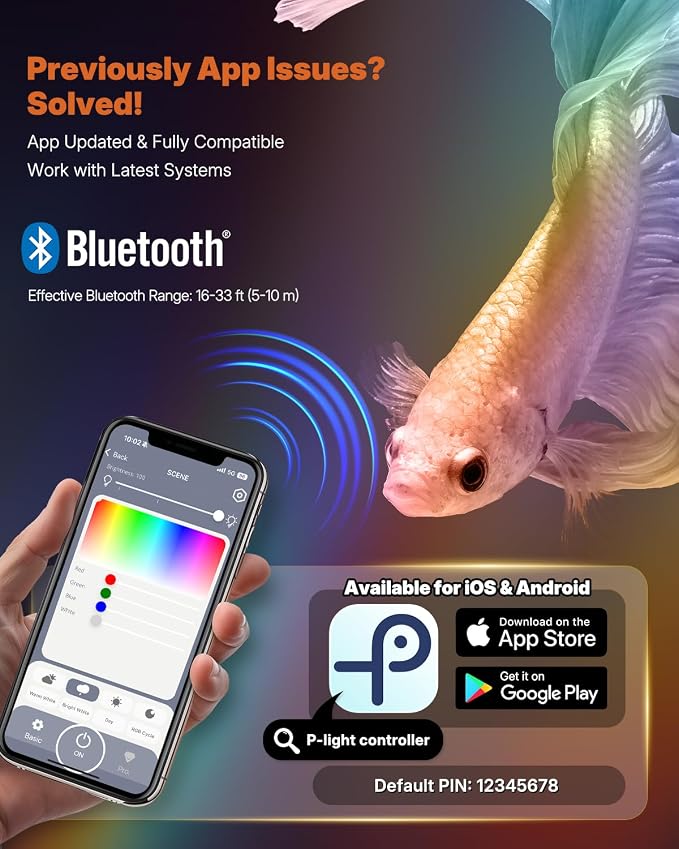 Pawfly Aquarium Light with Bluetooth for Plants, 5W 8 inch Full Spectrum Fish Tank Light for 8-15 inch Fish Tanks, Submersible LED Lights with App Control, Timer Modes & Adjustable Brightness
